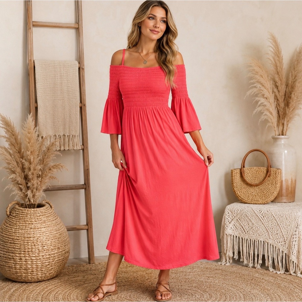 Coral Smocked Off Shoulder Bell Sleeve Maxi Dress Soft Girl Flowy Peasant XL